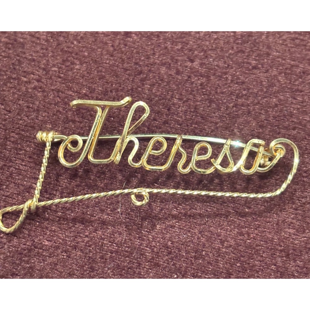 Vintage Theresa Name Brooch Gold Tone Wire Art Script Personalized Pin